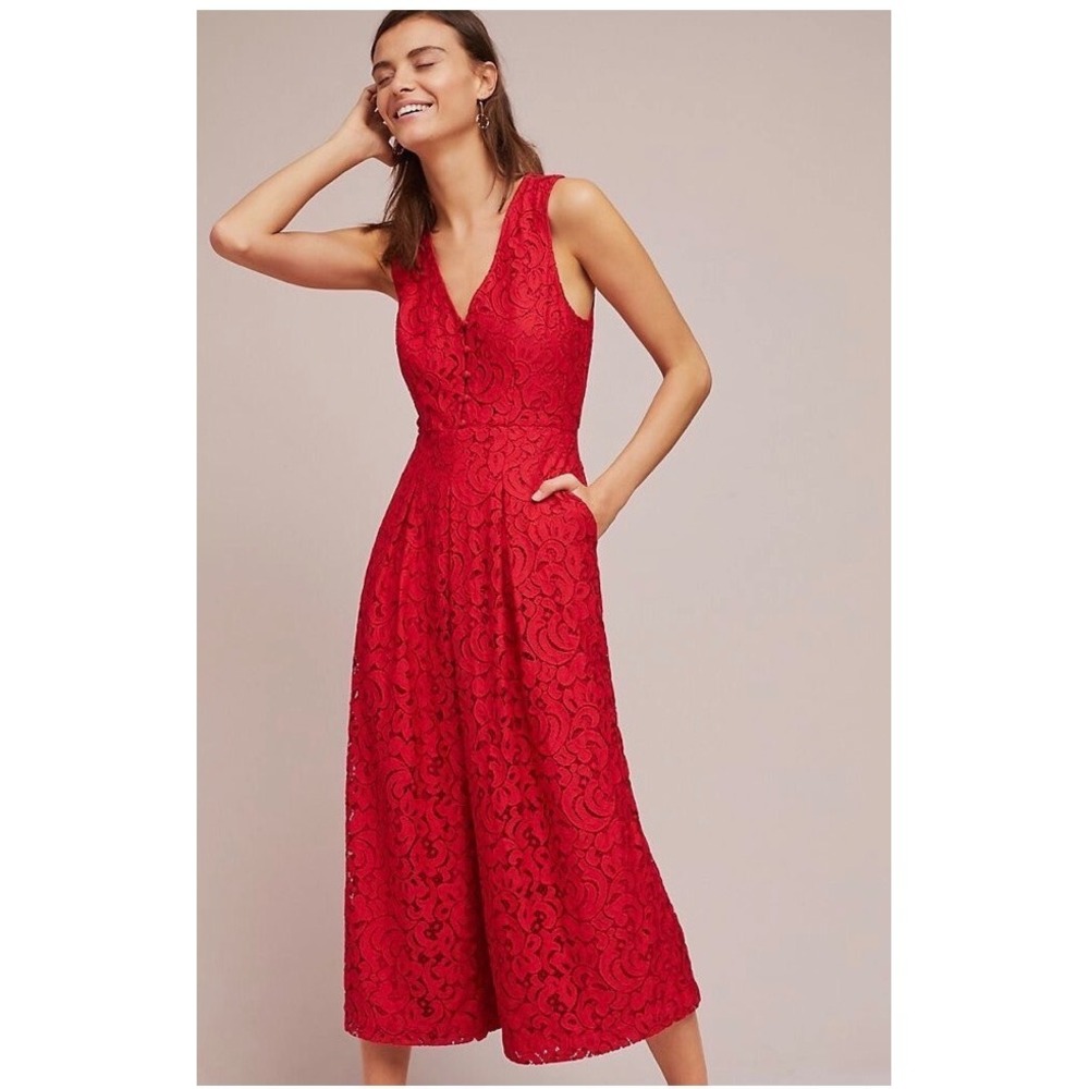 Moulinette Soeurs Anthropologie Red Lace Jumpsuit Wide Leg V-Neck Culotte Size 4
